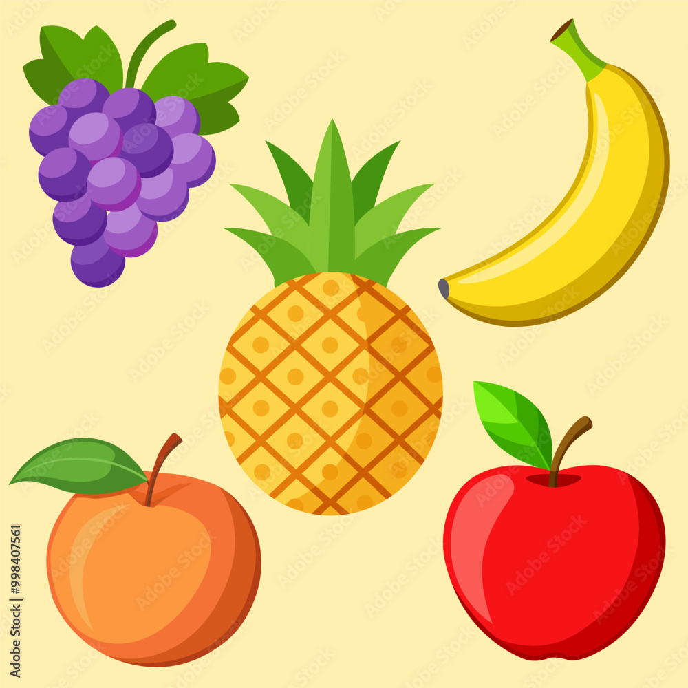 Vibrant Vector Fruit Collection Featuring Pineapple Peach Banana Apple and Grape Vibrant Vector Fruit Collection Featuring Pineapple Peach Banana Apple and Grape