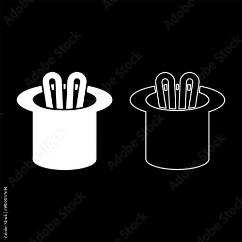 Hare ears in wizard's hat wizard conjure cylinder bunny rabbit appearing trick concept set icon white color vector illustration image solid fill outline contour line thin flat style