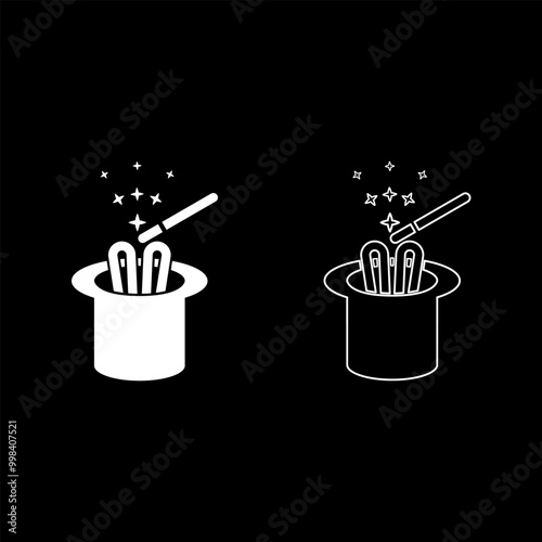 Hare ears in wizard's hat magic wand wizard conjure cylinder bunny rabbit appearing trick concept set icon white color vector illustration image solid fill outline contour line thin flat style