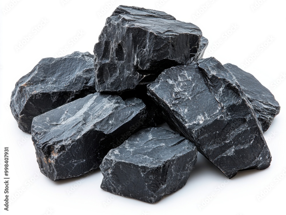 Raw Black Coal Rocks Piled Together on White Background Raw Black Coal Rocks Piled Together on White Background
