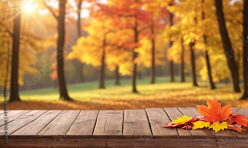 A serene autumn scene featuring a rustic wooden table in the foreground, with a blurred background of fall foliage. 