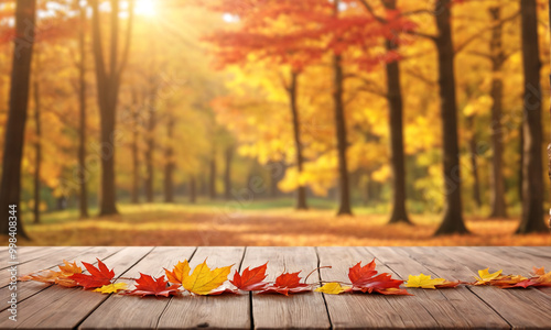 A serene autumn scene featuring a rustic wooden table in the foreground, with a blurred background of fall foliage. 