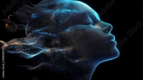 A captivating digital art piece showing a blue-lit wireframe face with flowing textures, representing the fluidity of human emotions and the integration of technology.