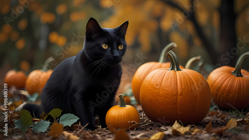 Black cat interacting with a pumpkin for Halloween Event