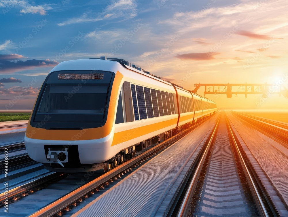 Naklejka premium Solar-powered electric train on an elevated track with onboard energy storage, sustainable transportation technology