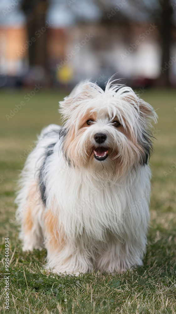 Fluffy Long-Haired Dog Standing on Green Grass in Park on Cloudy Day Fluffy Long-Haired Dog Standing on Green Grass in Park on Cloudy Day