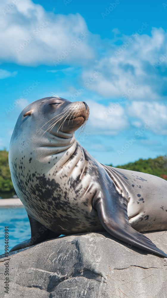 Fototapeta premium Sunbathing Seal on Rocky Shore with Clear Blue Sky and Fluffy Clouds