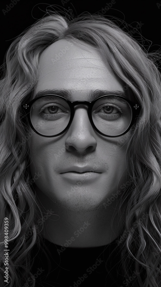 Portrait of a Person with Long Wavy Hair and Glasses in Black and White Studio Setting Portrait of a Person with Long Wavy Hair and Glasses in Black and White Studio Setting