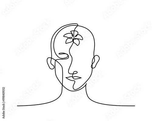 Continuous lineart of a person do meditating with a flower inside head in mental health concept, editable stroke.