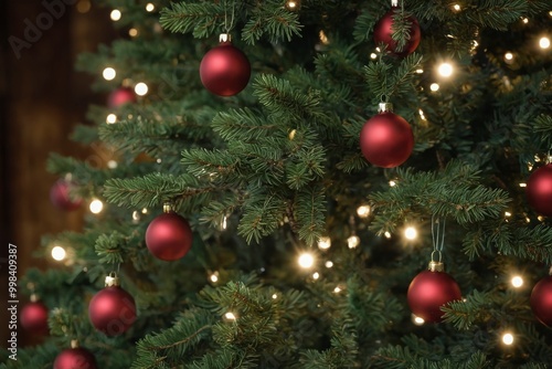 A Christmas tree with red ornaments and lights