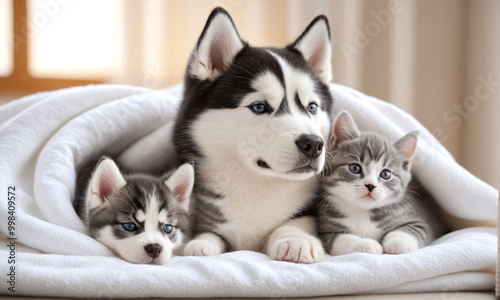 A peaceful scene featuring a fluffy Siberian Husky puppy and a small gray British Shorthair kitten cuddled up together, resting on a soft, white, cozy blanket.