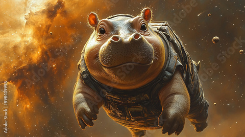 A whimsical illustration of a hippo astronaut floating in space, surrounded by cosmic elements and vibrant colors. Perfect for fantasy themes.