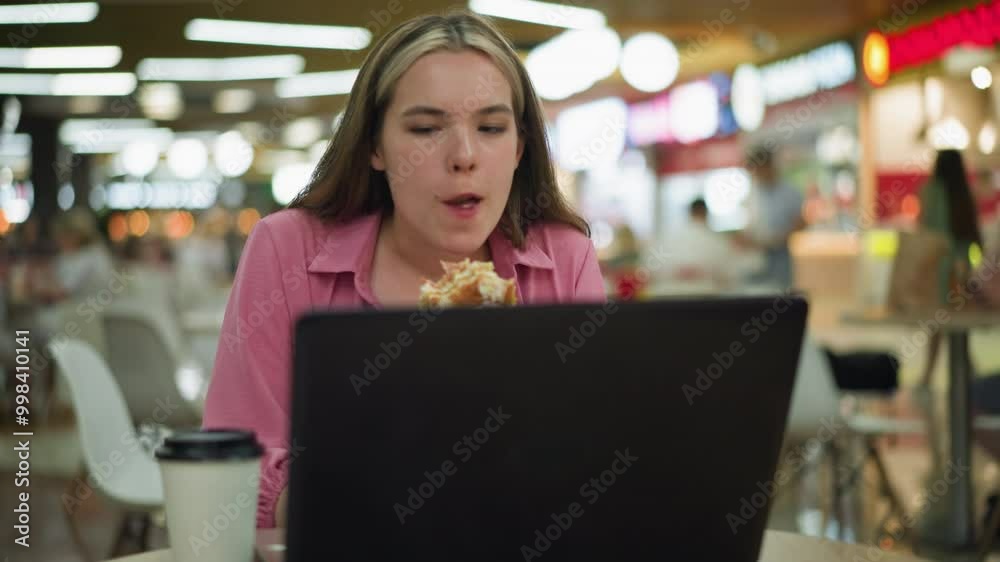 Woman in pink dress working on laptop while eating a burger at a table in a busy mall, a coffee cup is placed beside the laptop, and she is focused on her task, multitasking between work and food