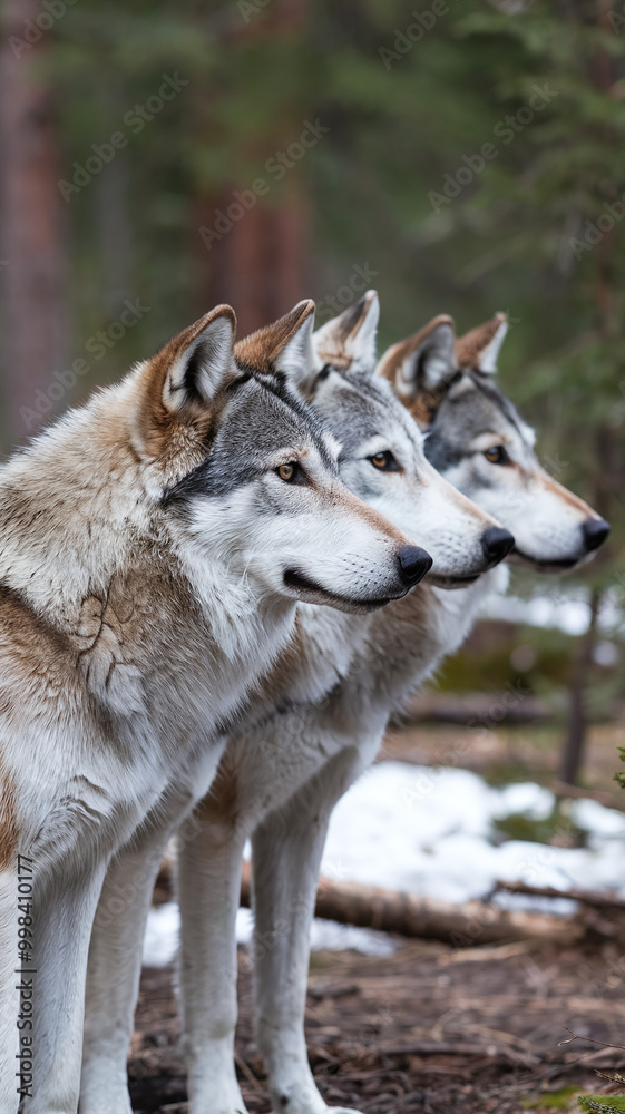  Three Gray Wolves Standing in Forest Symbolizing Unity and Strength in Winter Landscape