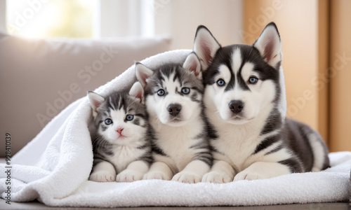 A peaceful scene featuring a fluffy Siberian Husky puppy and a small gray British Shorthair kitten cuddled up together, resting on a soft, white, cozy blanket.
