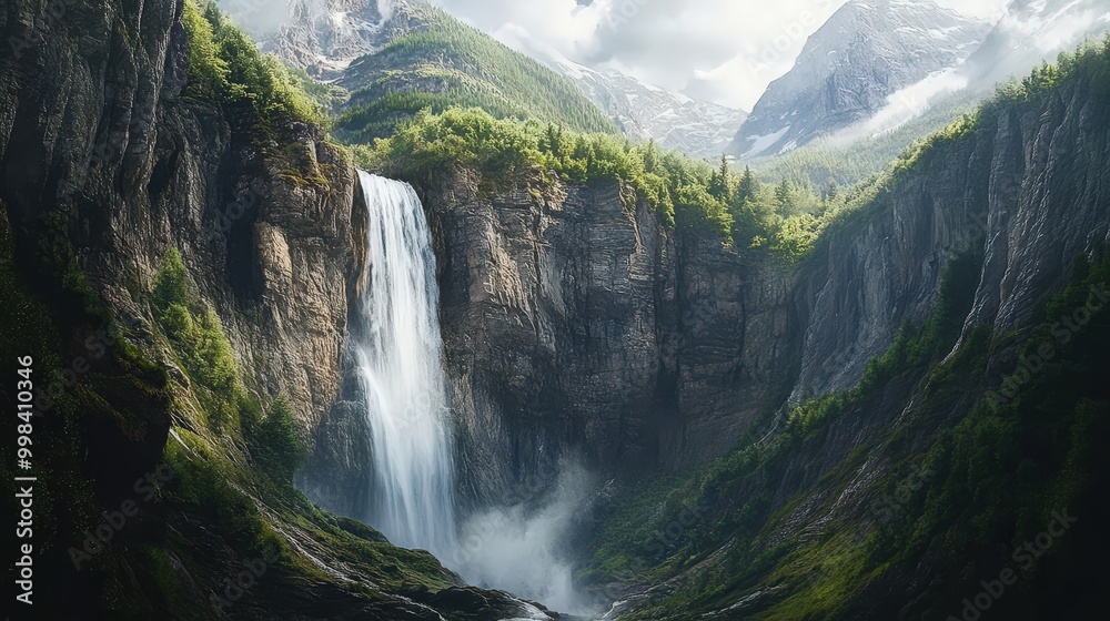 The grandeur of a waterfall flowing from high mountain cliffs offers a view of both natural power and serene beauty. The grandeur of a waterfall flowing from high mountain cliffs offers a view of both natural power and serene beauty.