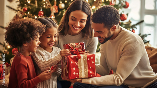 Family gathered around the Christmas tree, celebrating with presents and exchanging New Year gifts with happiness 