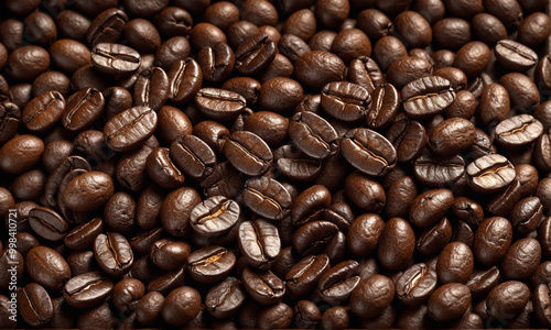 A close-up, highly detailed image of a pile of roasted coffee beans in various shades of brown. 