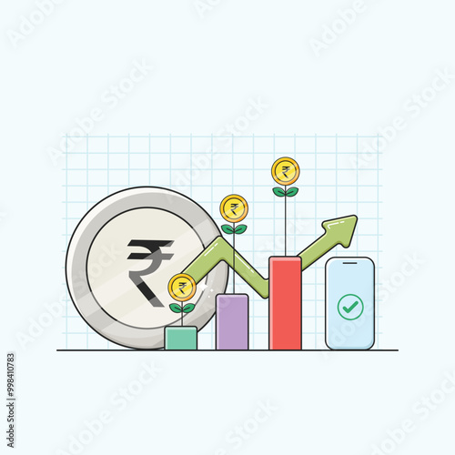 The illustration depicts a vibrant money growth graph, showcasing India's economic ascent. Colorful bars rise sharply