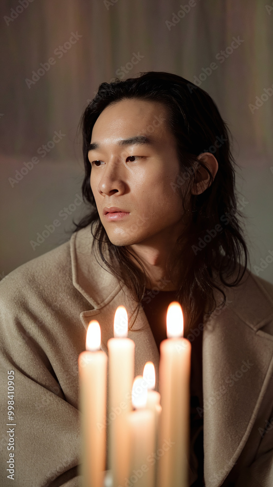 Thoughtful Man in Beige Coat by Candlelight with Soft Focus Background Thoughtful Man in Beige Coat by Candlelight with Soft Focus Background