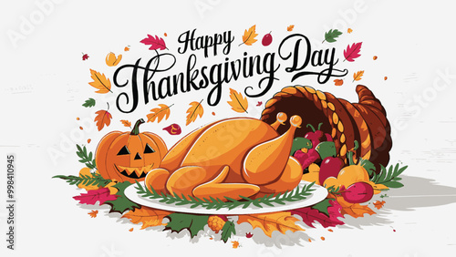 Happy Thanksgiving Day Roasted Turkey, Festive Feast Illustration