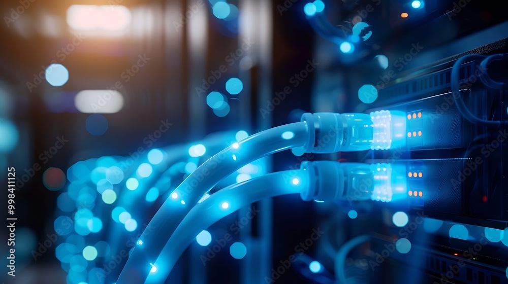 Glowing blue network cables connecting to a secure server in a dark room