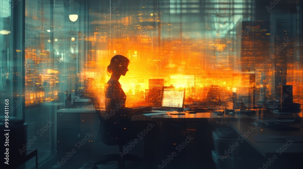 Silhouetted Woman Working in a Futuristic Office with a Cityscape View Silhouetted Woman Working in a Futuristic Office with a Cityscape View