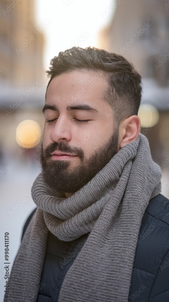 Fototapeta premium Serene Bearded Man with Closed Eyes in Cozy Gray Scarf on Winter Street