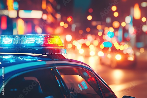 Police car flashing lights in the city street at night. Generative Ai