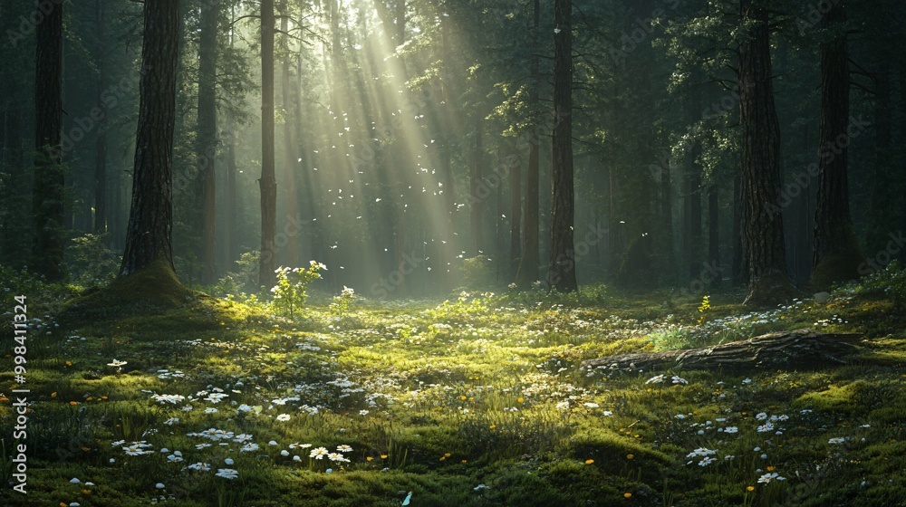 Obraz premium Sunbeams through the trees, illuminating a forest floor covered in white flowers.