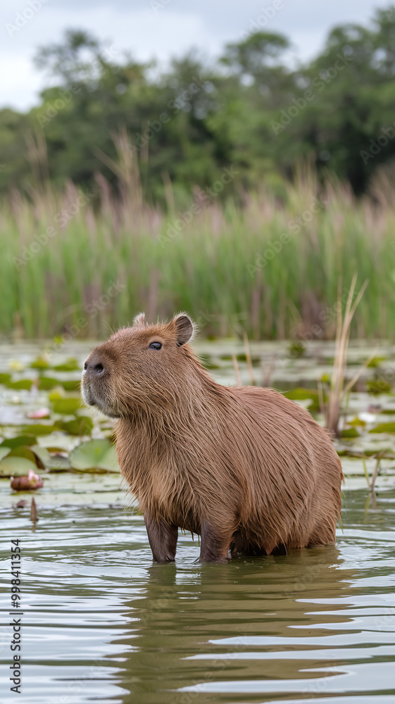 Capybara Standing in Tranquil Wetland Pond Surrounded by Lush Greenery Capybara Standing in Tranquil Wetland Pond Surrounded by Lush Greenery