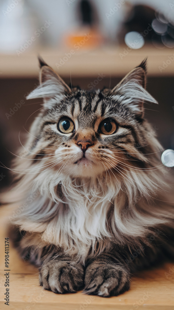 Fluffy Long-Haired Tabby Cat with Intense Eyes Relaxing Indoors on Wooden Surface Fluffy Long-Haired Tabby Cat with Intense Eyes Relaxing Indoors on Wooden Surface