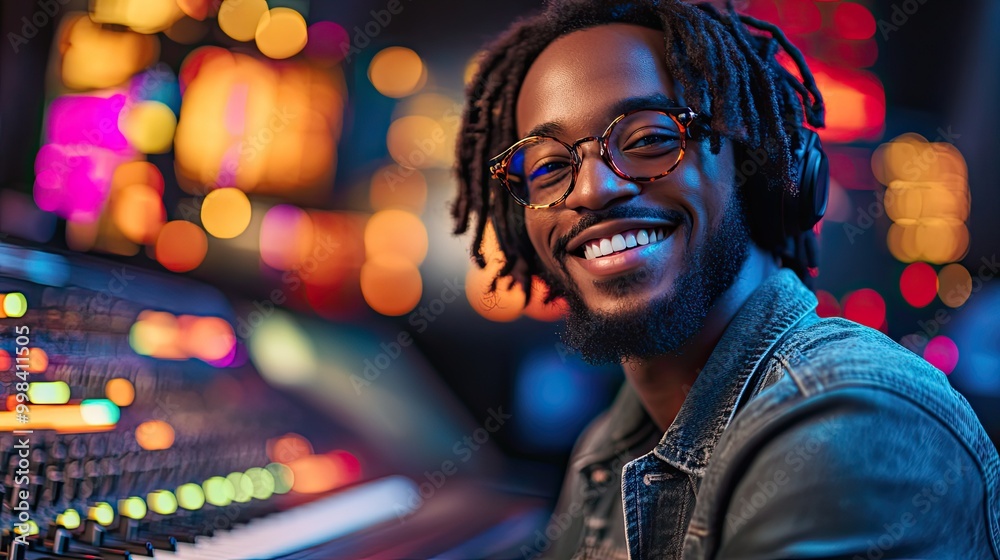 A joyful black man works on music production in a studio, using technology for sound engineering and live streaming, reflecting creativity and digital innovation. A joyful black man works on music production in a studio, using technology for sound engineering and live streaming, reflecting creativity and digital innovation.