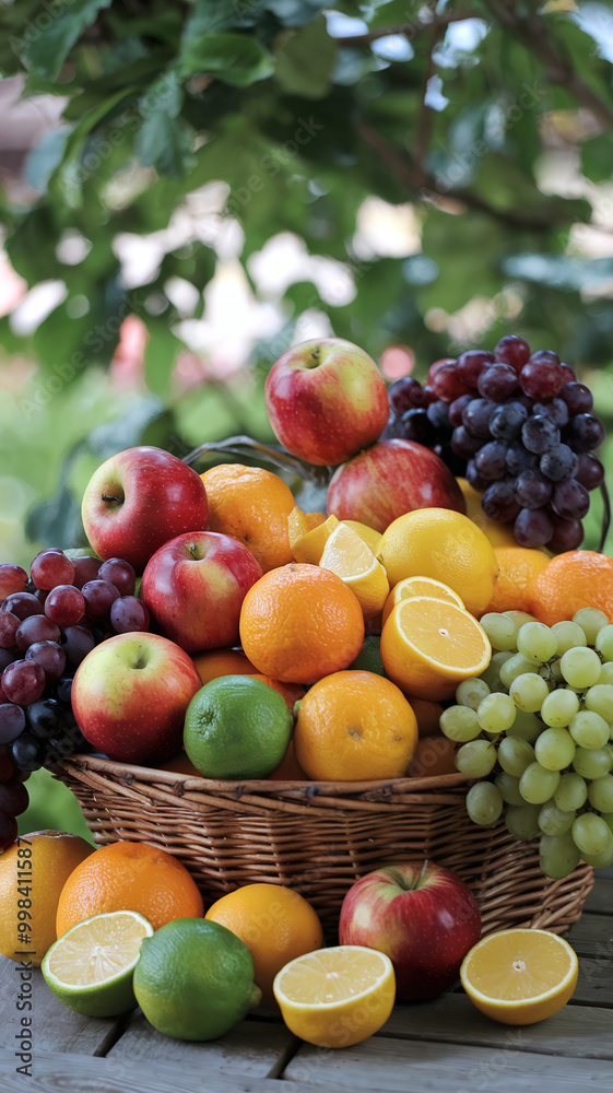 Vibrant Basket of Fresh Fruit Including Apples Oranges and Grapes on Wooden Table Vibrant Basket of Fresh Fruit Including Apples Oranges and Grapes on Wooden Table