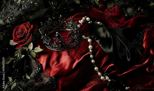 Dark dramatic crown with flowers and fabric.