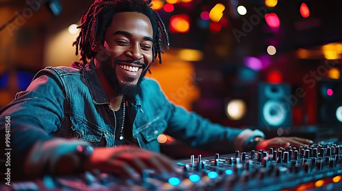 A joyful black man works on music production in a studio, using technology for sound engineering and live streaming, reflecting creativity and digital innovation. photo