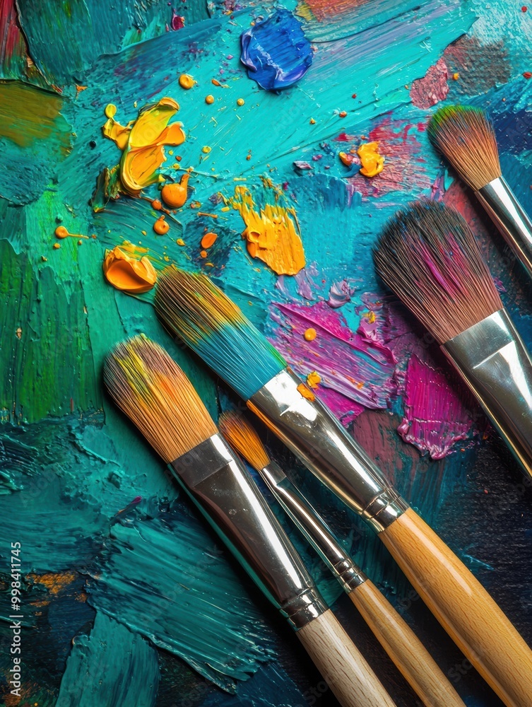 Fototapeta premium Bright paint splashes and artistic brushstrokes cover the canvas as paintbrushes rest nearby, capturing creativity in a cozy studio. Generative AI