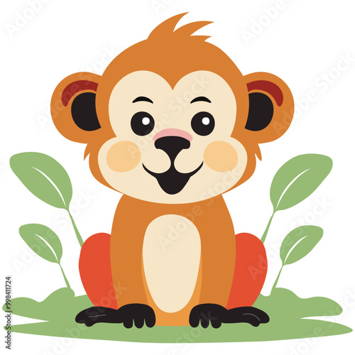 Cute Cartoon Monkey Character Sitting on Nature Background.