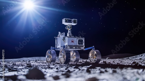 The moon robot, with its advanced mobility and sensing systems, explores the cratered landscape.