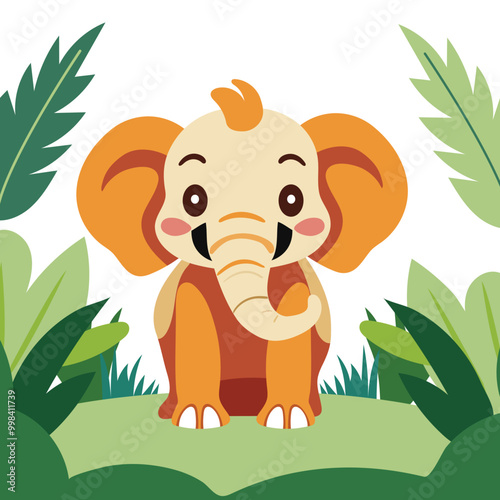 Cute Cartoon Elephant Baby Character on Nature Background.
