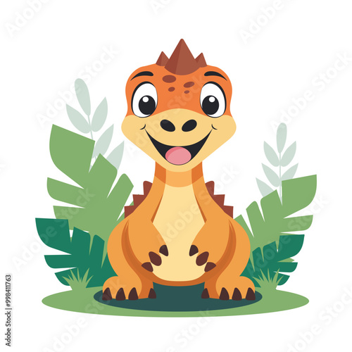 Cute Cartoon Dinosaur Baby Character on Nature Background.