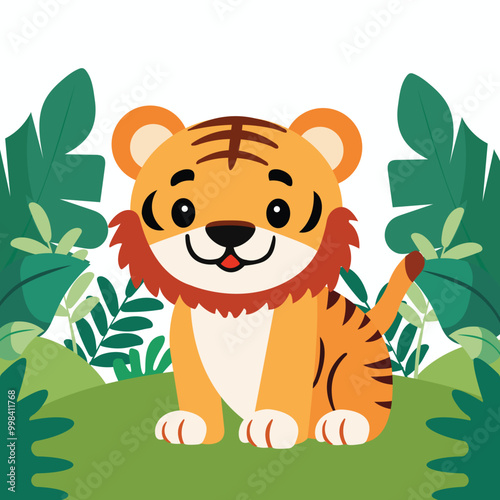 Cute Cartoon Tiger Cub Character Sitting on Nature Background.
