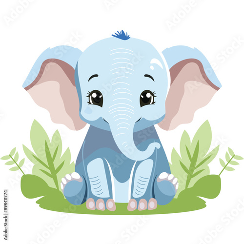 Cute Cartoon Elephant Baby Character on Nature Background.