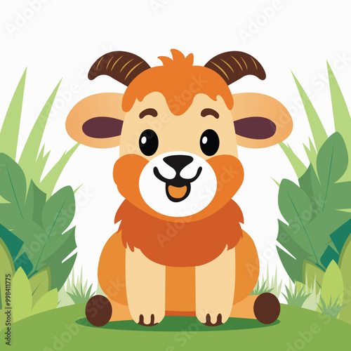 Cute Cartoon Sheep Character Sitting on Nature Background.