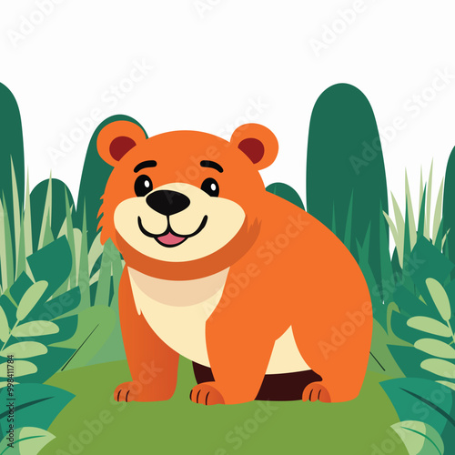 Cute Cartoon Bear Character Sitting on Nature Background.