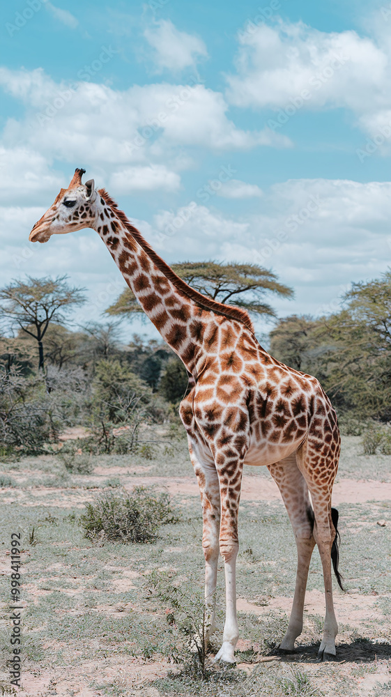 Majestic Giraffe Standing Tall in African Savannah against Blue Sky Majestic Giraffe Standing Tall in African Savannah against Blue Sky