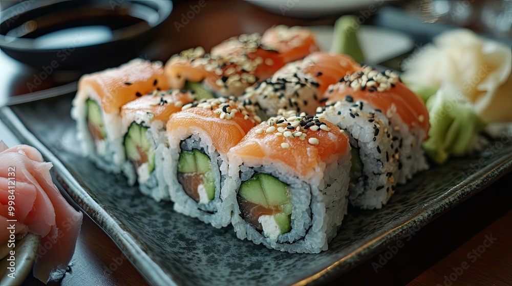 A plate of fresh sushi rolls with avocado, cucumber, and salmon, served with soy sauce and wasabi on the side. A plate of fresh sushi rolls with avocado, cucumber, and salmon, served with soy sauce and wasabi on the side.