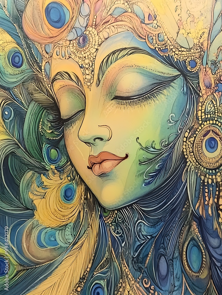 Abstract Illustration of a Woman's Face with Peacock Feathers. Abstract Illustration of a Woman's Face with Peacock Feathers.