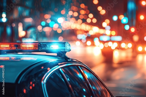 Police car flashing lights in the city street at night. Generative Ai