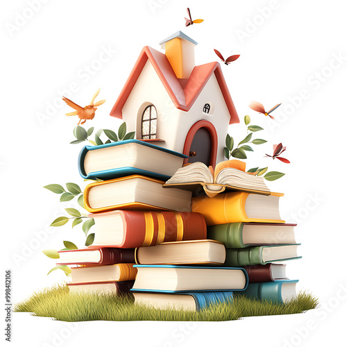 A whimsical house atop colorful books with flowers and birds, Transparent background. photo